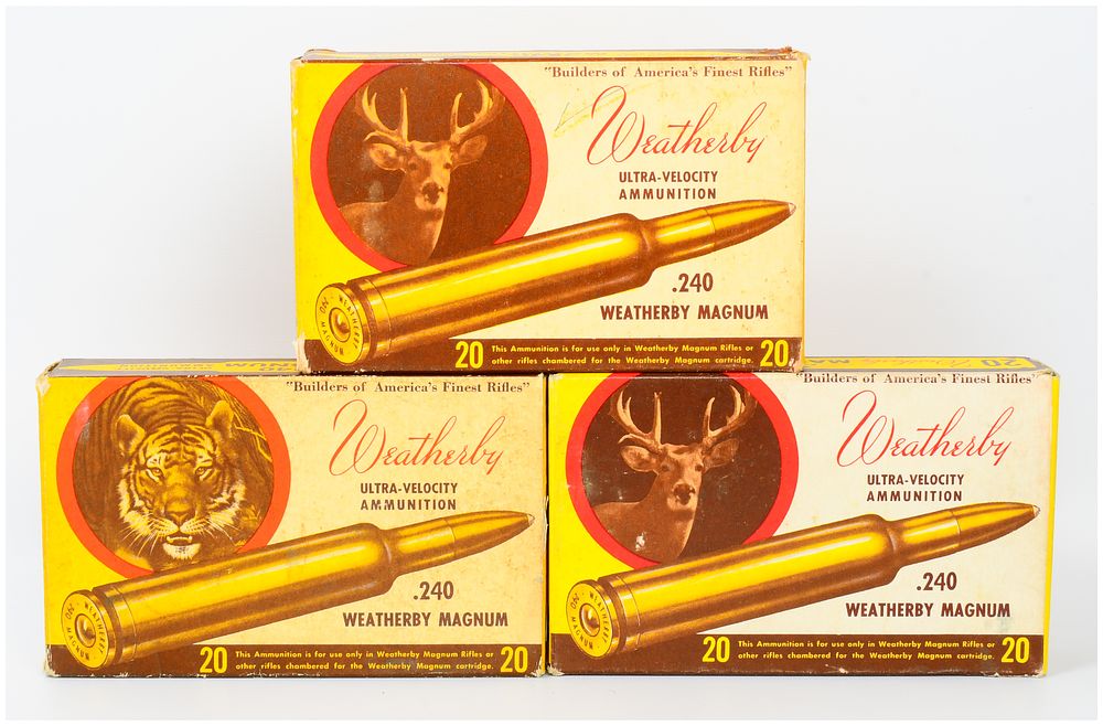 Lot 133: Three Boxes of Vintage Weatherby .240 Weatherby Magnum Ultra-Velocity Ammunition