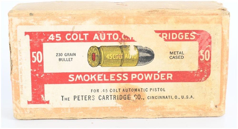 Lot 134: Vintage Peters Cartridge Co. .45 Colt Auto Ammunition Box with 50 Cartridges