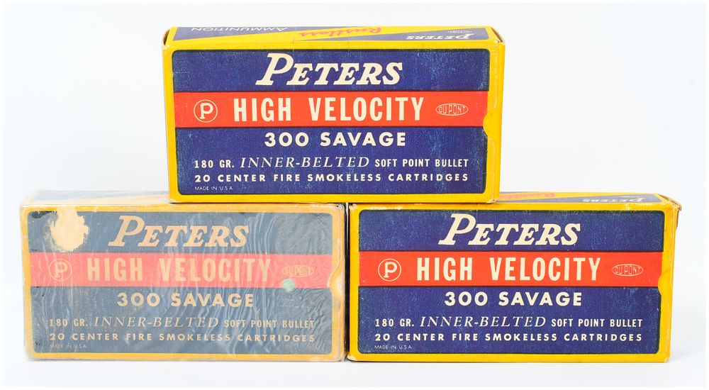 Lot 142: Three Vintage Peters High Velocity 300 Savage Ammunition Boxes