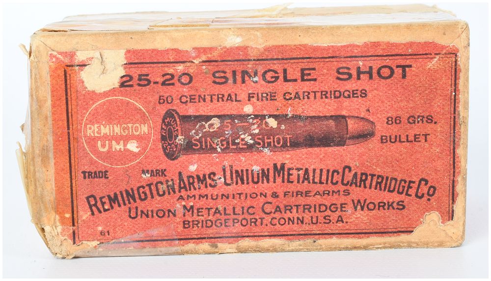 Lot 164: Vintage Remington UMC .25-20 Single Shot Black Powder Cartridges, Box of 50