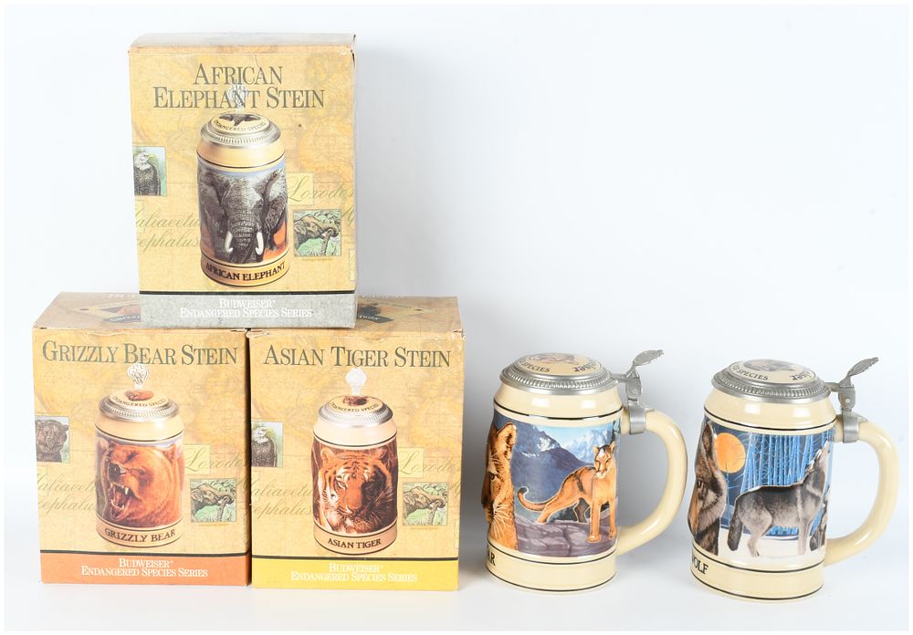 Lot 197: A Collection of Five Budweiser® Endangered Species Series Lidded Steins