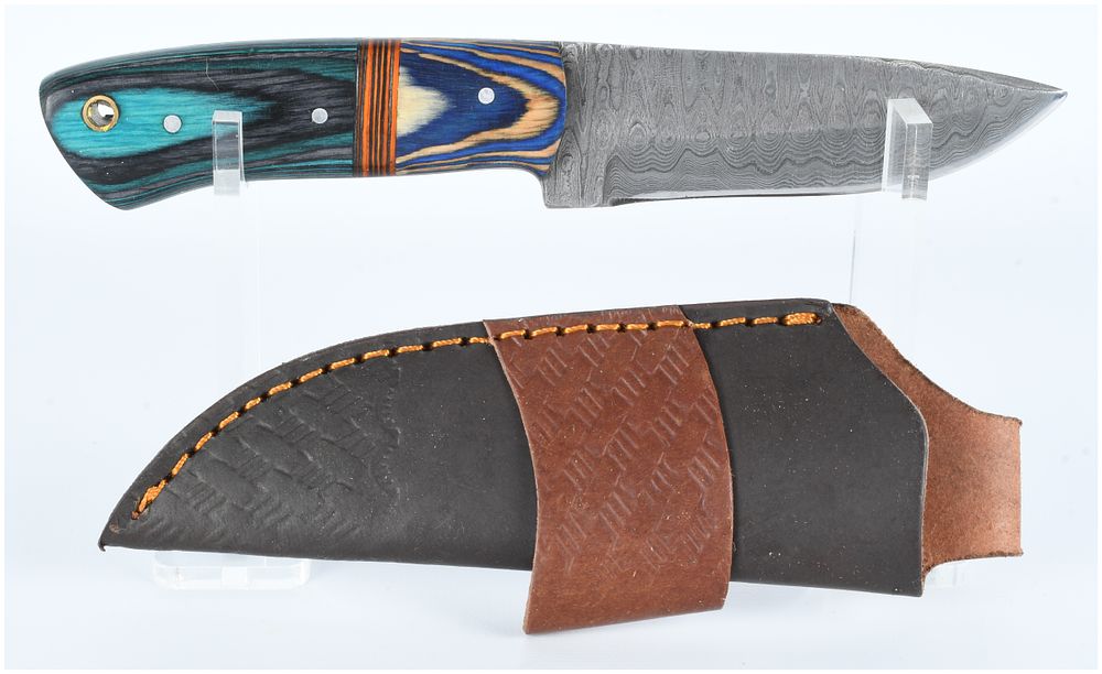 Lot 200: A Modern Viking-Style Fixed-Blade Knife with Damascus Steel Blade and Layered Wood Handle
