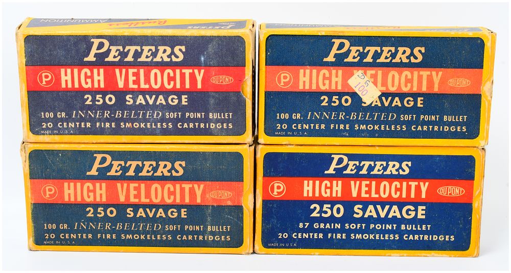 Lot 208: A Group of Four Vintage Peters High Velocity 250 Savage Ammunition Boxes, 80 Rounds