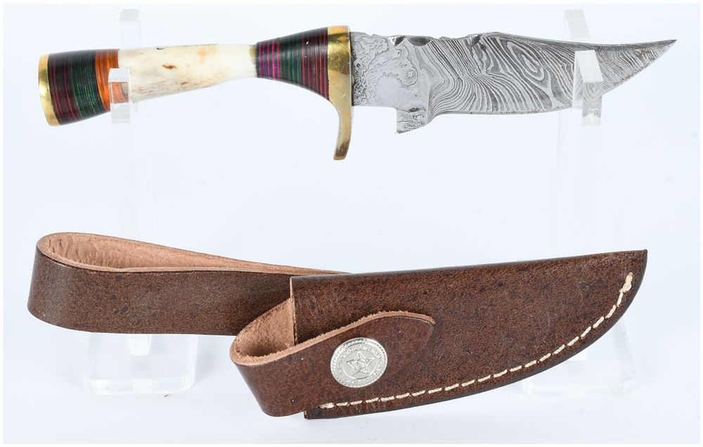Lot 230: Damascus Fixed-Blade Hunter Knife with Bone Handle and Texas Sheath