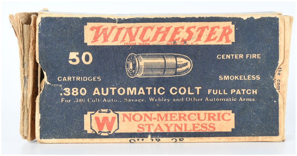 Lot 254: Vintage Winchester .380 Automatic Colt "Full Patch" Ammunition, 49 Live Rounds