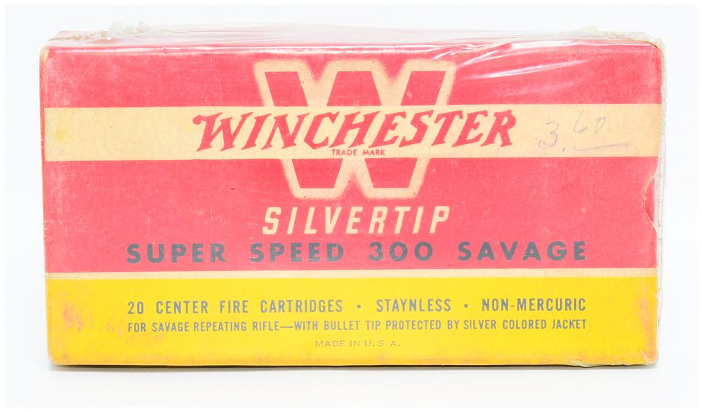Lot 259: Vintage Winchester Silvertip Super Speed 300 Savage Ammunition Box, 20 Rounds