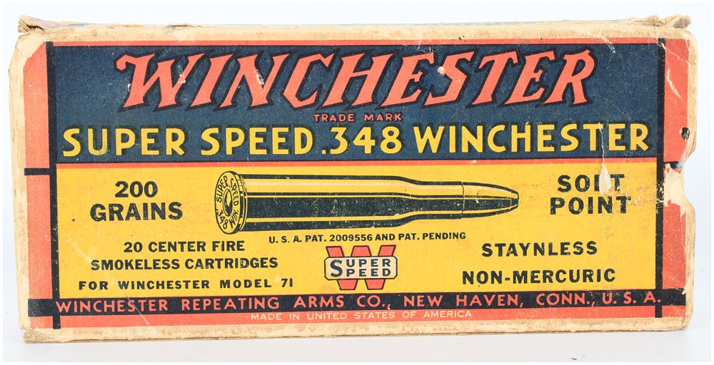 Lot 269: Winchester Super Speed .348 Winchester Cardboard Box with 20 Empty Brass Cases