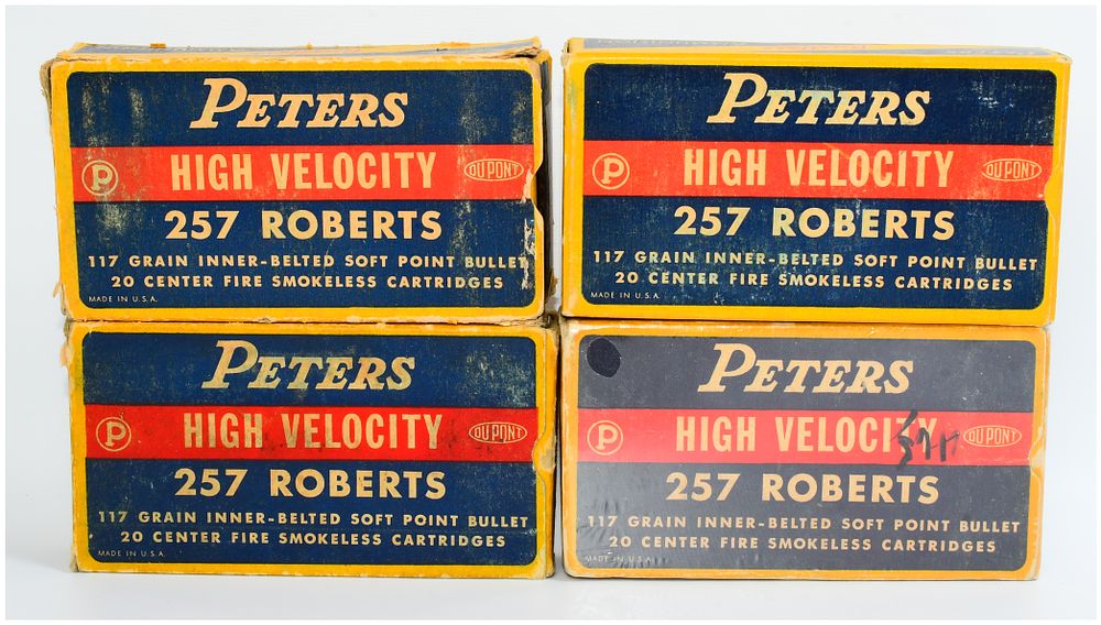 Lot 313: Peters High Velocity .257 Roberts Ammunition, 47 Rounds & 15 Empty Casings, Four Boxes