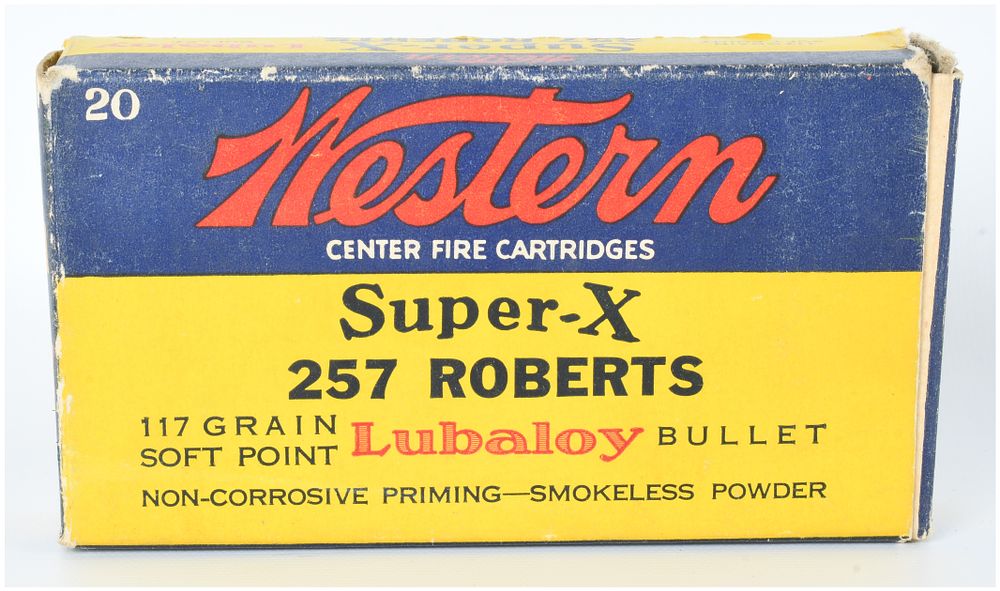 Lot 314: Vintage Western Super-X .257 Roberts Ammunition, Full Box of 20 Mixed Headstamp Rounds