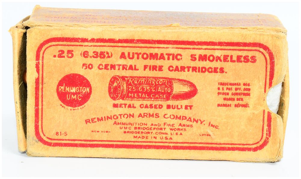Lot 319: Vintage Remington UMC .25 Automatic Smokeless Central Fire Cartridges, 36 Rounds