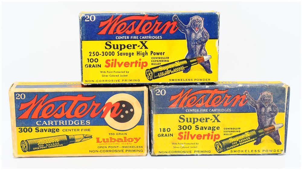 Lot 322: Three Vintage Western Ammunition Boxes, including Super-X Silvertip 'Bear Box' Examples