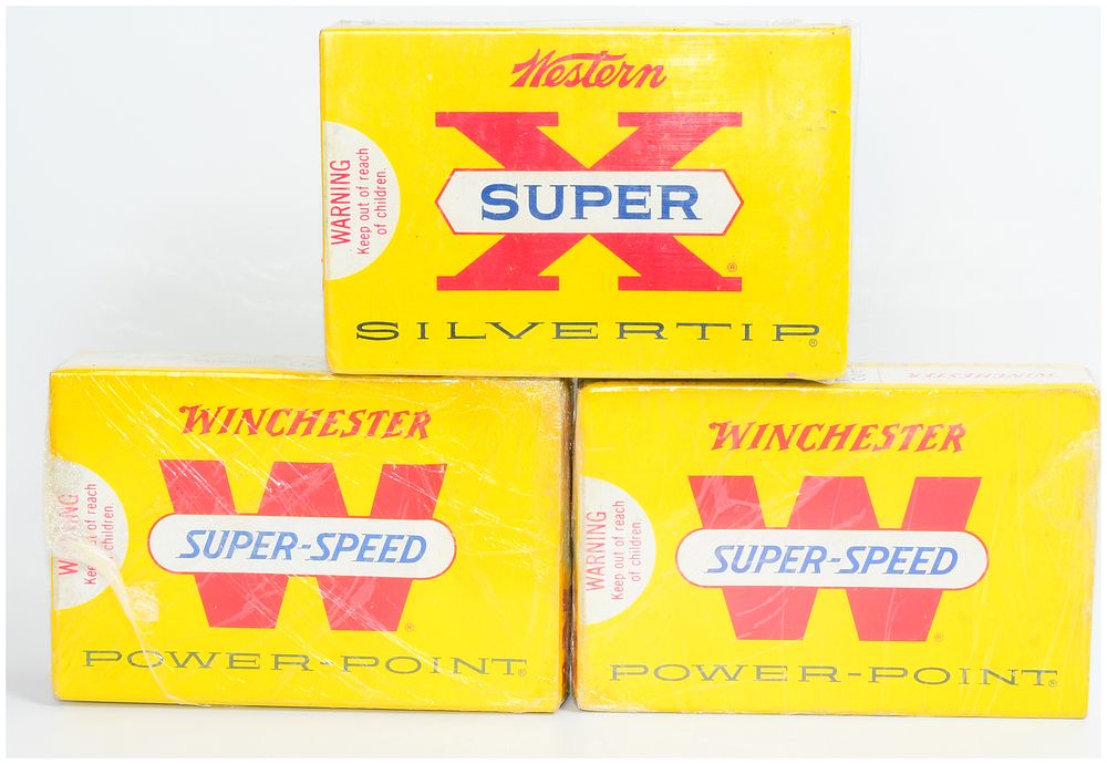 Lot 340: Vintage Winchester Western Ammunition: Super X Silvertip and Super-Speed Power-Point, 60 Rounds, All Boxes Cellophane Wrapped