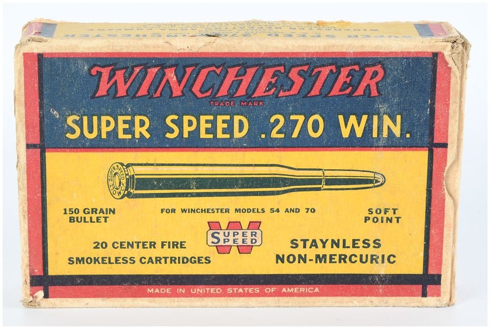 Lot 374: Vintage Winchester Super Speed .270 Win Ammunition Box with 20 Live Rounds