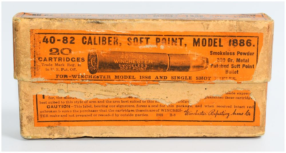Lot 379: Winchester .40-82 Caliber Soft Point Model 1886 Ammunition Box with 20 Rounds