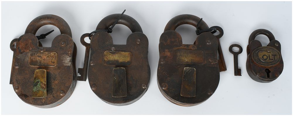 Lot 407: Four Antique Leavenworth Federal Prison, Cumberland Mining Co, and Colt Padlocks with Keys
