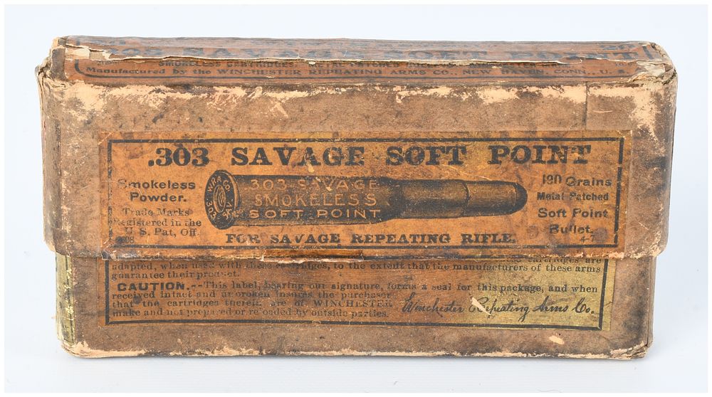 Lot 434: Vintage Winchester .303 Savage Soft Point Ammunition Box with 15 Live Rounds