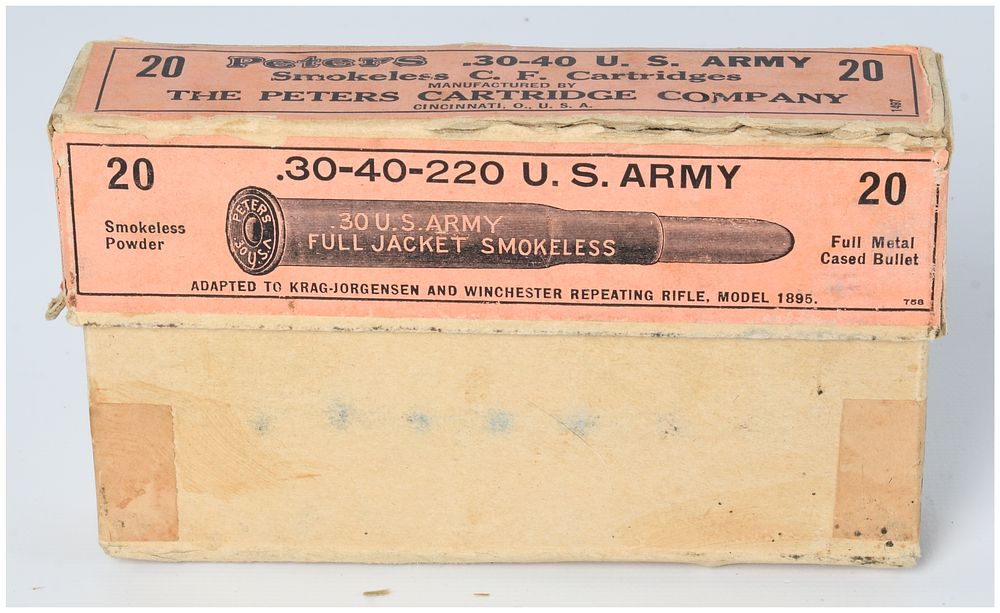 Lot 446: Vintage Peters Cartridge Co. .30-40 U.S. Army Krag Smokeless Ammunition, 20 Live Rounds