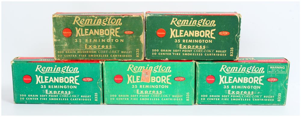 Lot 466: Five Vintage Remington Kleanbore .35 Remington Express Ammunition Boxes, 200 Grain Core-Lokt, 100 Rounds