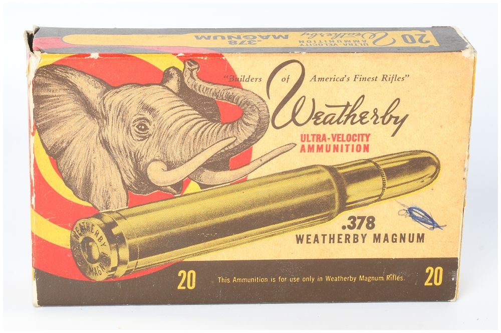 Lot 476: Vintage Weatherby .378 Weatherby Magnum Ammunition, Elephant Box, 20 Live Rounds
