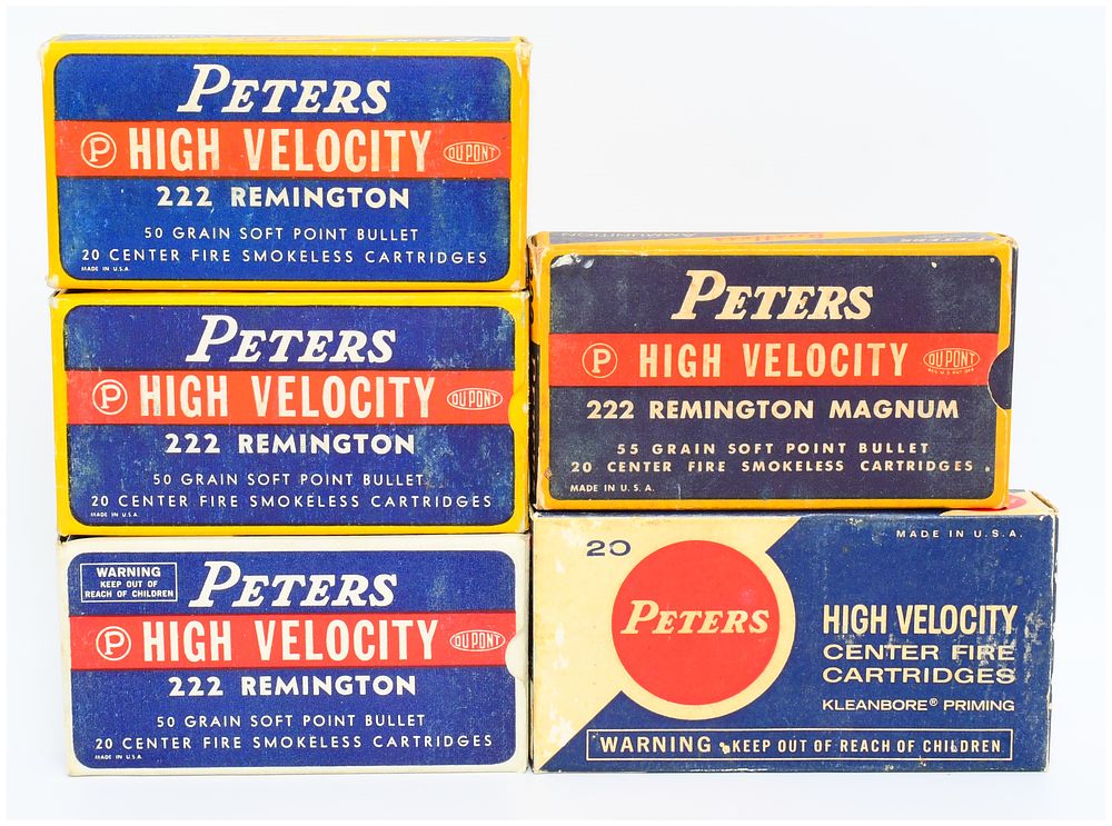 Lot 526: A Group of Vintage Peters High Velocity .222 Remington and .222 Remington Magnum Ammunition Boxes with Cartridges