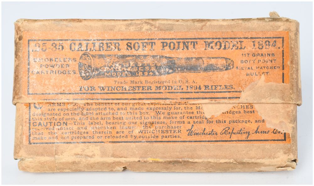Lot 554: Vintage Winchester .25-35 Caliber Model 1894 Ammunition Box with 20 Live Rounds, Mixed Headstamps
