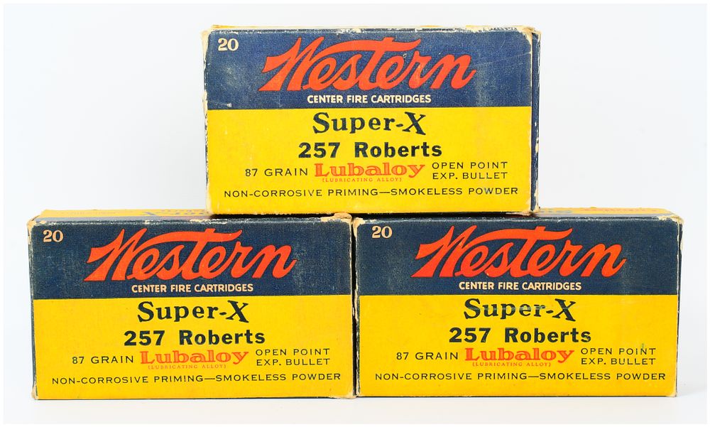 Lot 562: Three Full Vintage Western Super-X .257 Roberts 87 Grain Lubaloy Ammunition Boxes