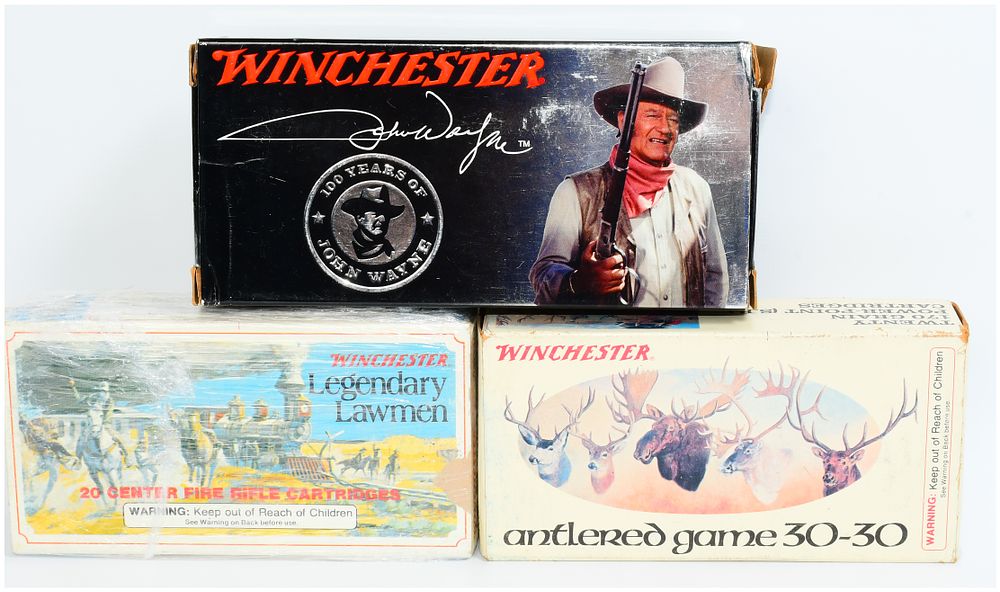 Lot 577: 60 Rounds Winchester 30-30 Rifle Ammunition, including '100 Years of John Wayne' Commemorative, 'Legendary Lawmen', and 'Antlered Game' Editions