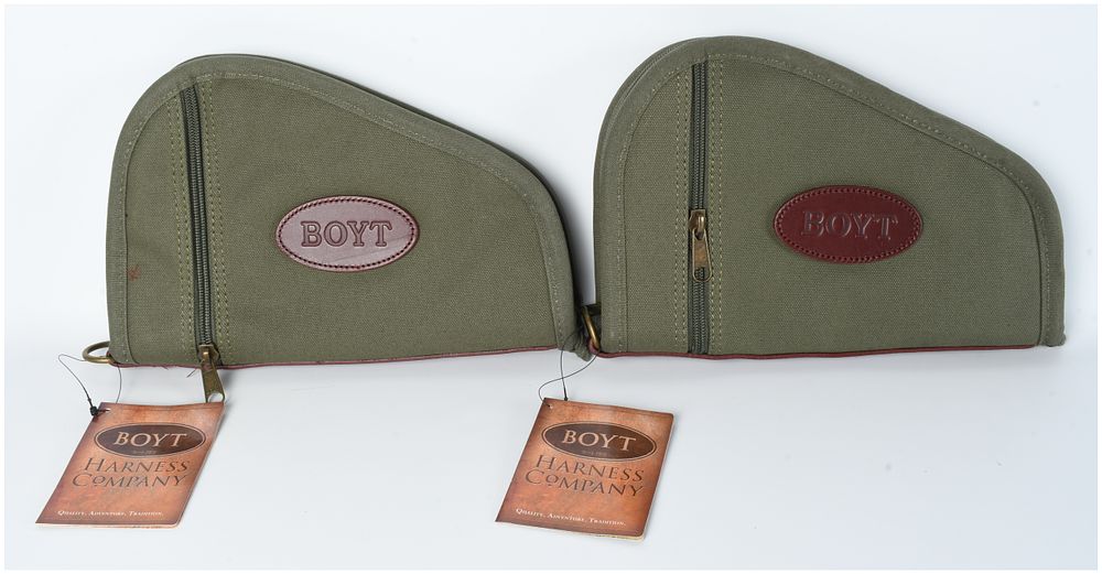 Lot 587: A Pair of Boyt Harness Company Heart Shaped Handgun Cases, Olive Green