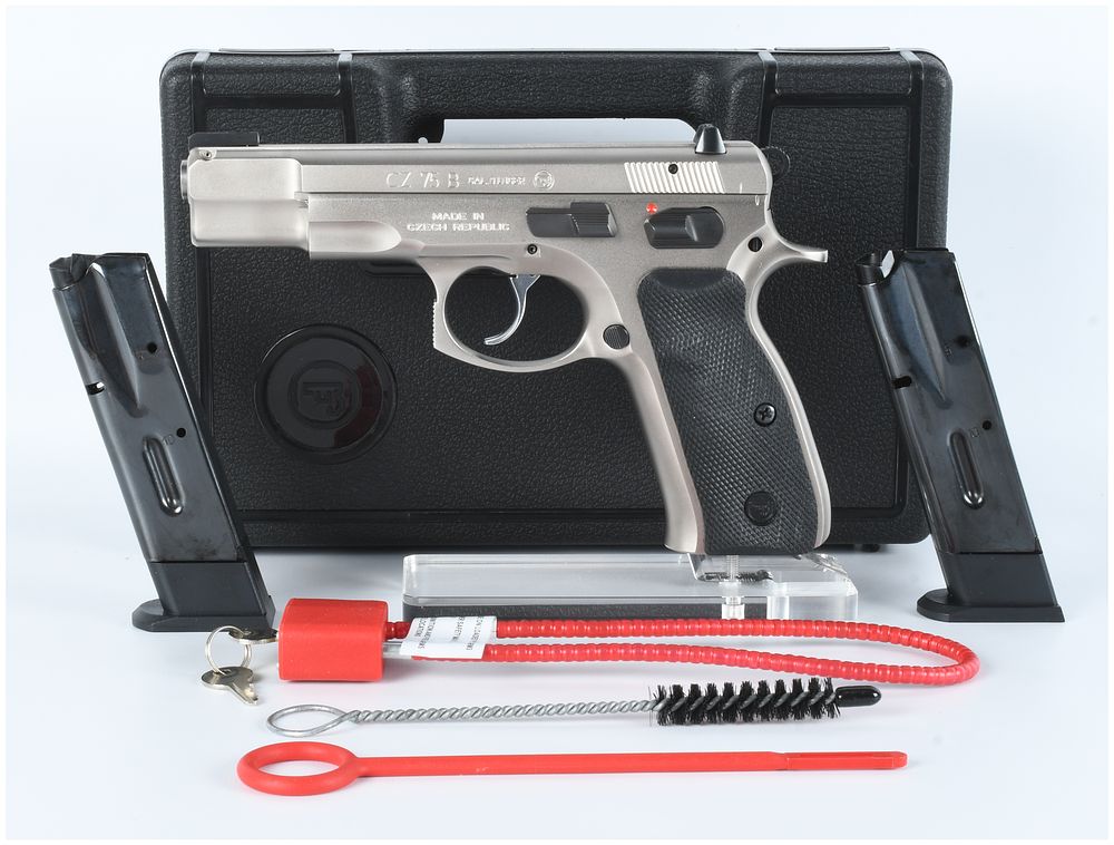 Lot 600: A CZ 75 B Semi-Automatic Pistol with rare satin nickel finish and upgraded Truglo TFX fiber optic sights
