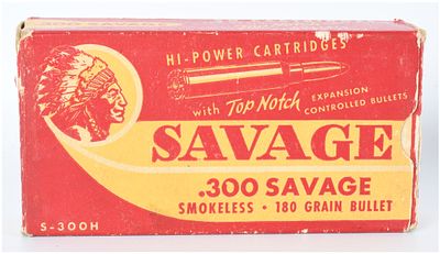 Vintage Savage 'Indian Head' .300 Savage Hi-Power Cartridges, 20 Live Rounds. A vintage box of 
