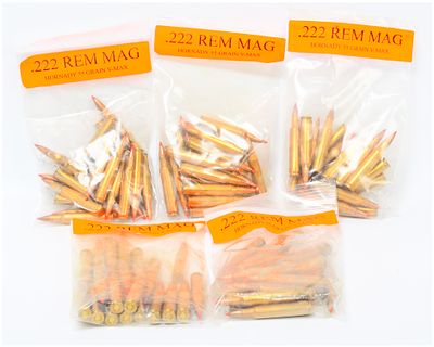 Five Bags of Hornady .222 REM MAG 55 Grain V-MAX Ammunition. A collection of five clear plastic 