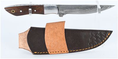A Contemporary Damascus Steel Fixed-Blade Knife with Leather Sheath. A contemporary fixed-blade 