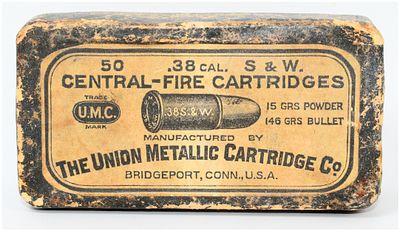 Vintage Union Metallic Cartridge Co. .38 S&W Central-Fire Cartridges, 50 Rounds. A vintage box 