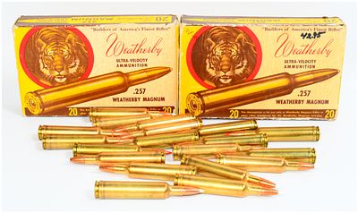 Weatherby .257 Weatherby Magnum Ultra-Velocity Ammunition with Vintage Tiger Graphic Boxes, 52 
