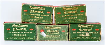 Five Vintage Remington Kleanbore .222 Hi-Speed Ammunition Boxes. A lot of five vintage Remington 