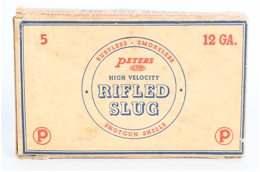 Lot 1043: Vintage Peters High Velocity 12 Gauge Rifled Slug Shotgun Shells, 5 Live Rounds