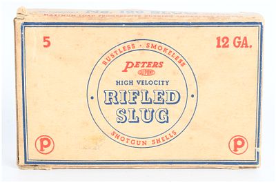 Vintage Peters High Velocity 12 Gauge Rifled Slug Shotgun Shells, 5 Live Rounds. A vintage 