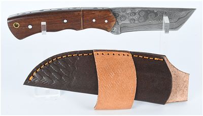 A Fixed-Blade Damascus Steel Knife with Wood Handle and Leather Sheath. This lot features a 