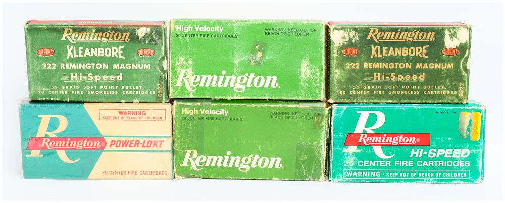 Lot 1051: A Collection of Six Vintage Remington .222 Remington Magnum Ammunition Boxes with 103 Rounds