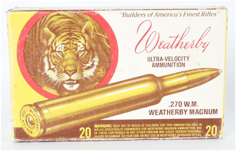 Lot 1085: Vintage Weatherby .270 W.M. Weatherby Magnum Ammunition Box with 18 Empty Brass Casings