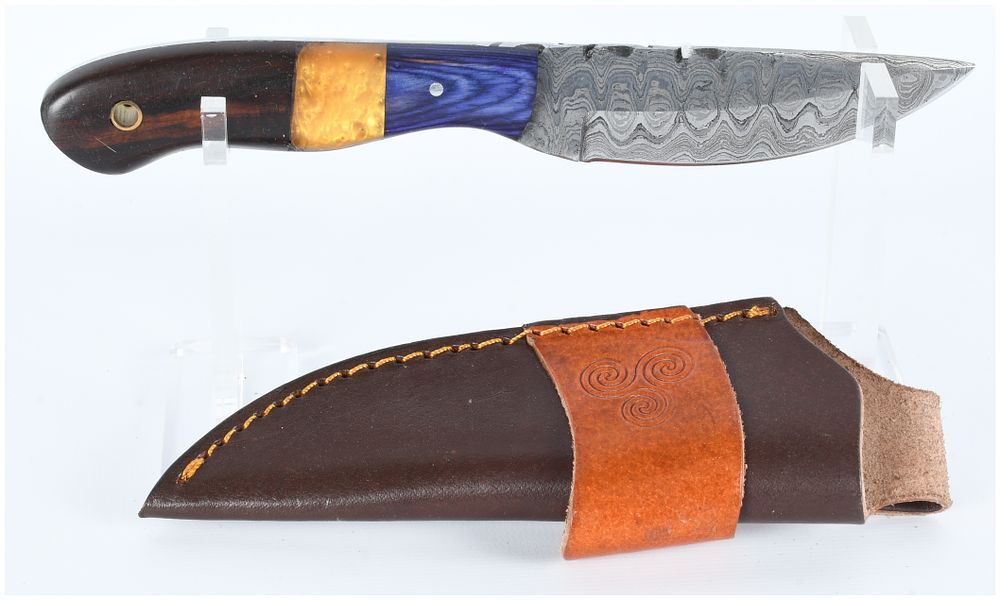 Lot 1109: A Contemporary Artisan-Made Fixed-Blade Knife with Custom Segmented Handle and Fitted Leather Sheath