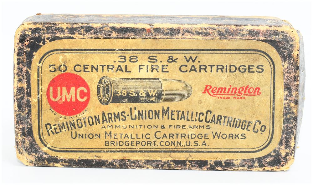 Lot 1114: Antique Remington Arms - Union Metallic Cartridge Co. (UMC) .38 S&W Central Fire Ammunition Box, 50 Rounds