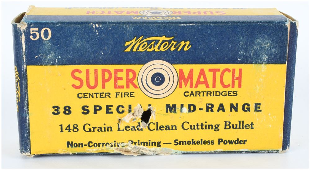 Lot 1115: Western Super Match .38 Special Mid-Range Ammunition Box with 34 Live Rounds and 15 Empty Brass Casings