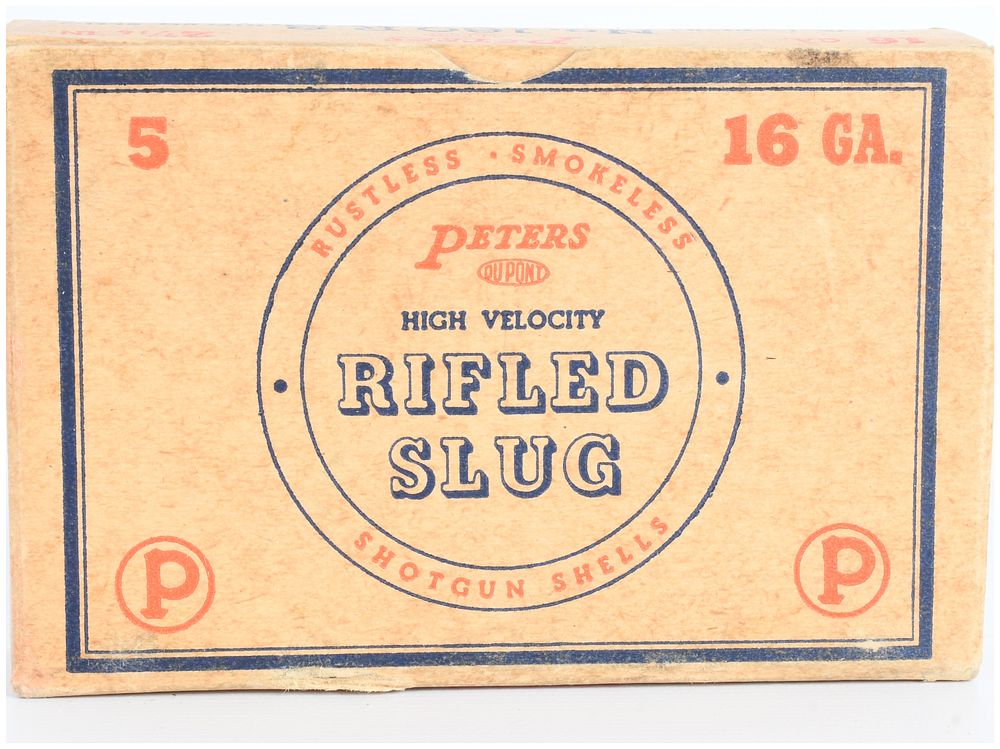 Lot 1133: Five Live Rounds of Peters Dupont High Velocity 16 Gauge Rifled Slug Shotgun Shells in Original Box