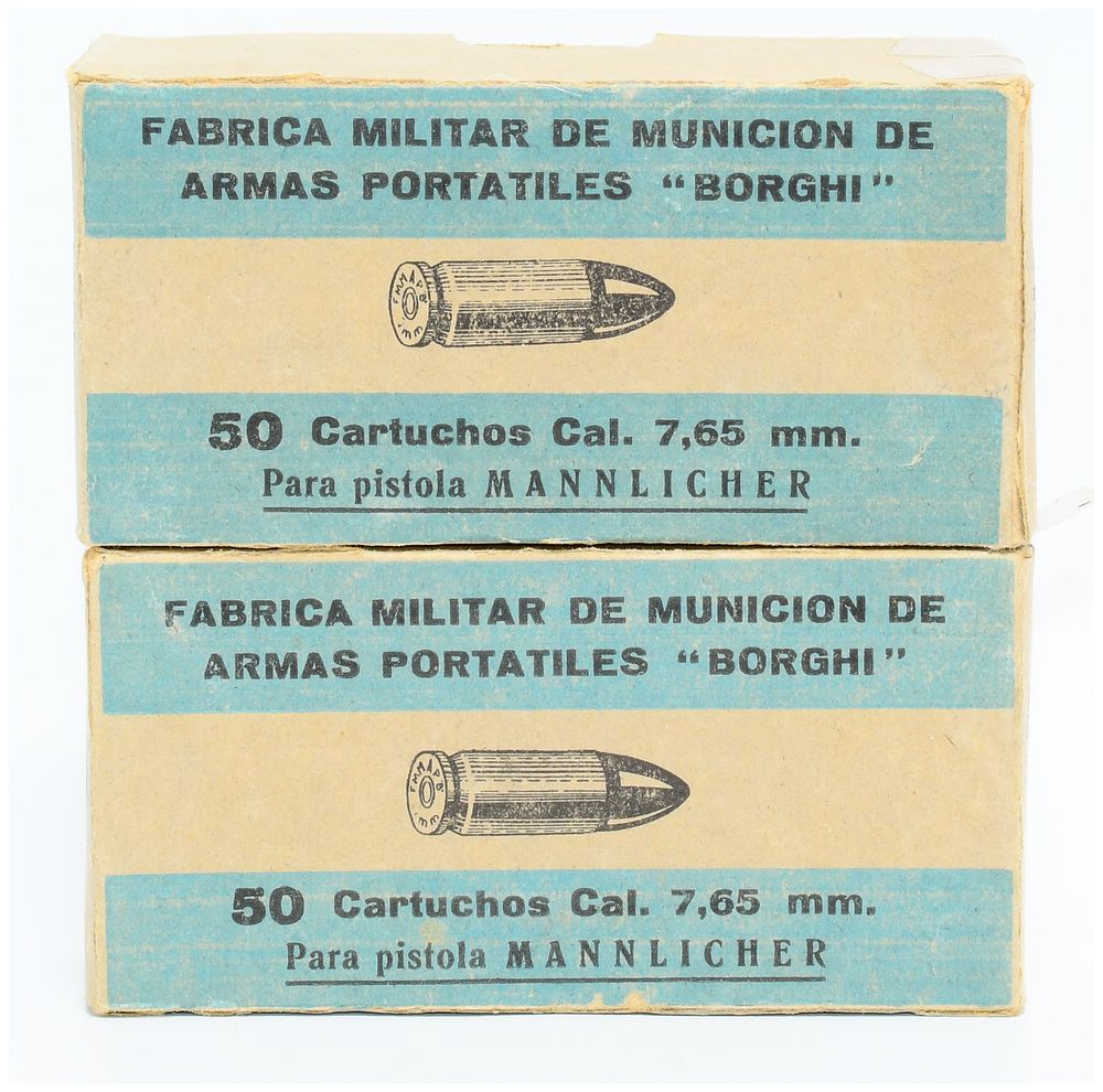 Lot 1138: Two Boxes Fabrica Militar 'Borghi' 7.65mm Mannlicher Pistol Ammunition, 100 Rounds Total