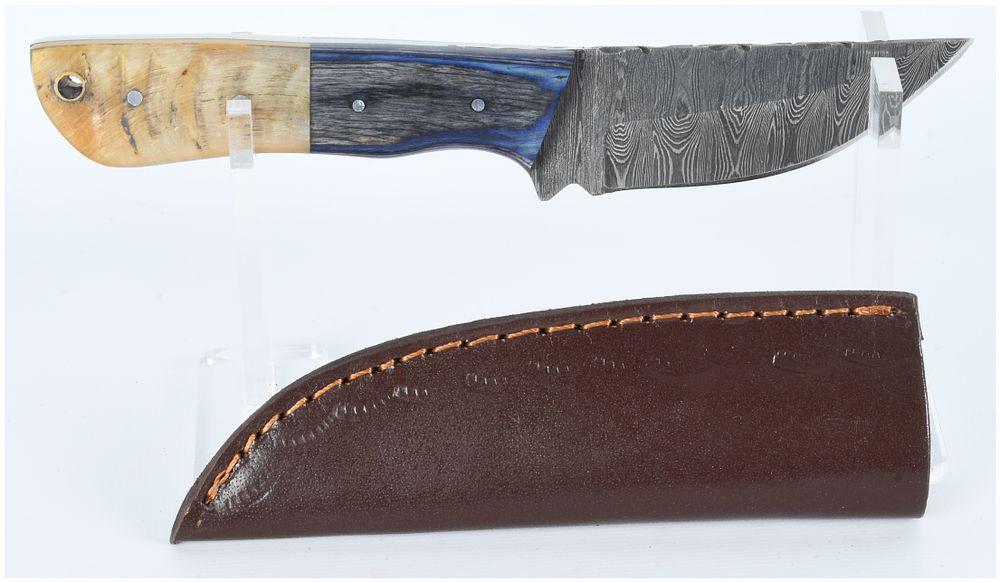 Lot 1139: A Contemporary Custom Handmade Fixed-Blade Knife with Damascus Steel Blade, Composite Handle, and Leather Sheath