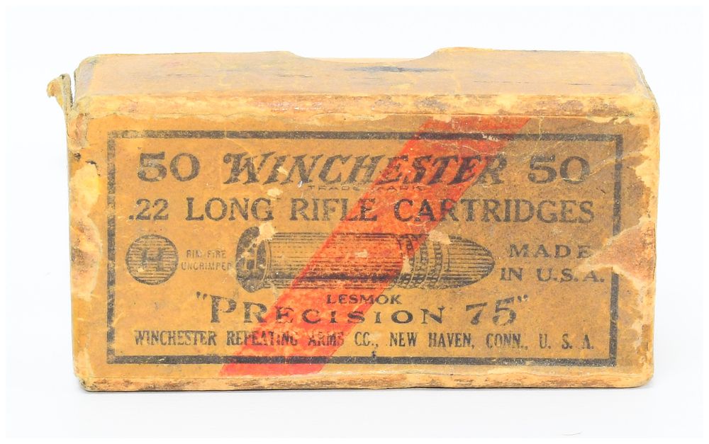 Lot 1144: Vintage Box of 50 Winchester .22 Long Rifle "Precision 75" "Lesmok" Rimfire Target Cartridges