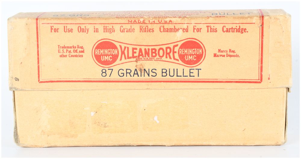 Lot 1163: Vintage Remington UMC .257 Remington Roberts (25 Roberts) Box with Twenty Empty Brass Cases