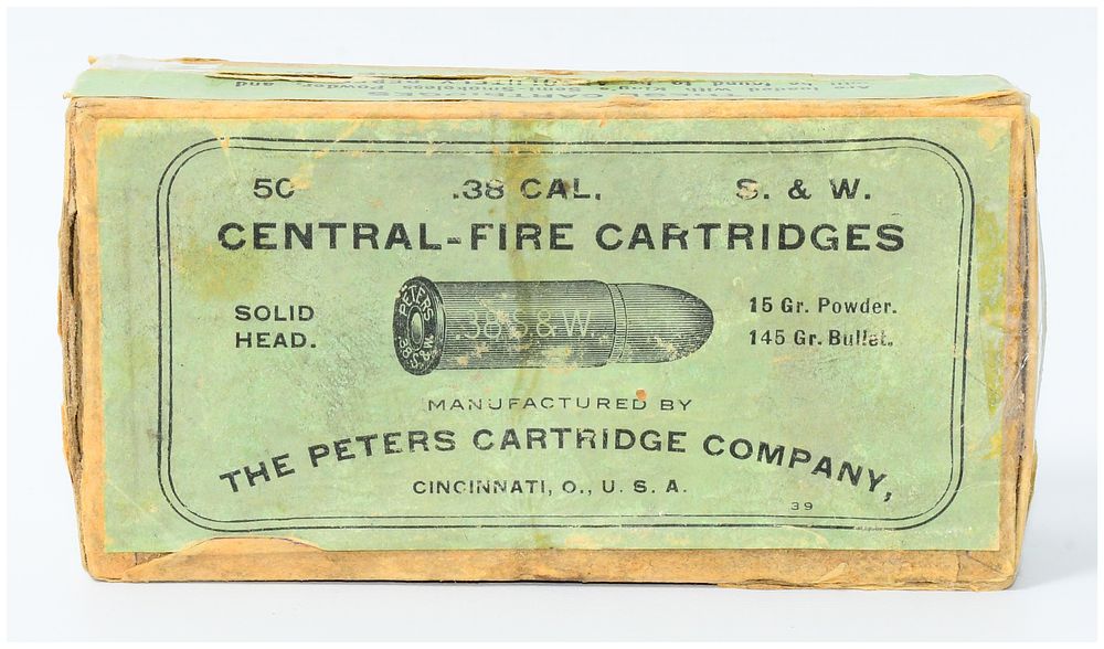 Lot 1174: Vintage Box of 50 Peters Cartridge Company .38 S. & W. Central-Fire 'Solid Head' Cartridges