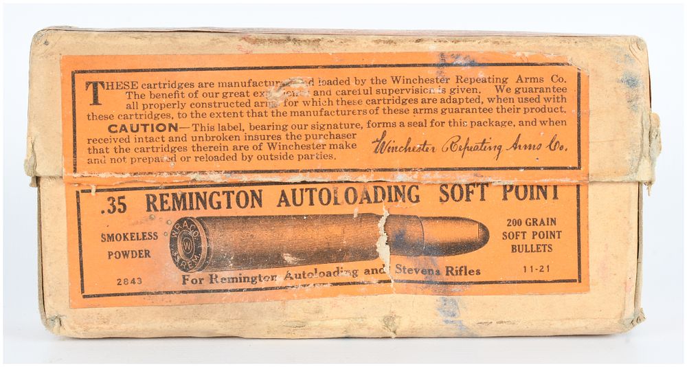 Lot 1184: Vintage Winchester .35 Remington Autoloading Soft Point Ammunition Box with 16 Live Rounds, Mixed Headstamps